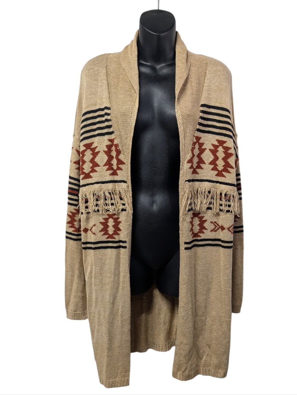 Maurices Women's Brown Geometric Fringe Open Front Knit Cardigan Sweater Size S